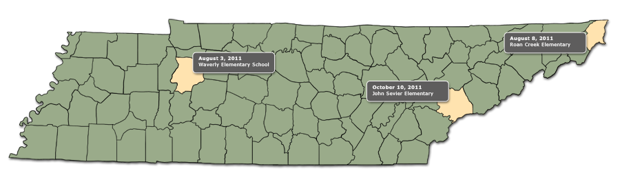 Waverly, John Sevier, and Roan Creek Elementary Schools shown on a map of Tennessee